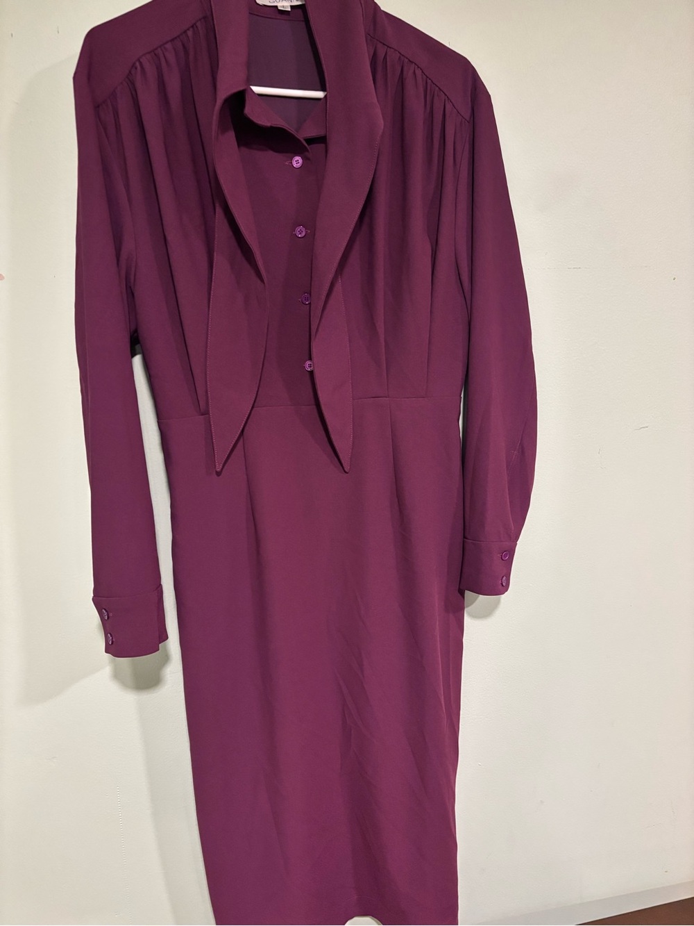 Elegant Plum Long-Sleeve Tie-Neck Dress
